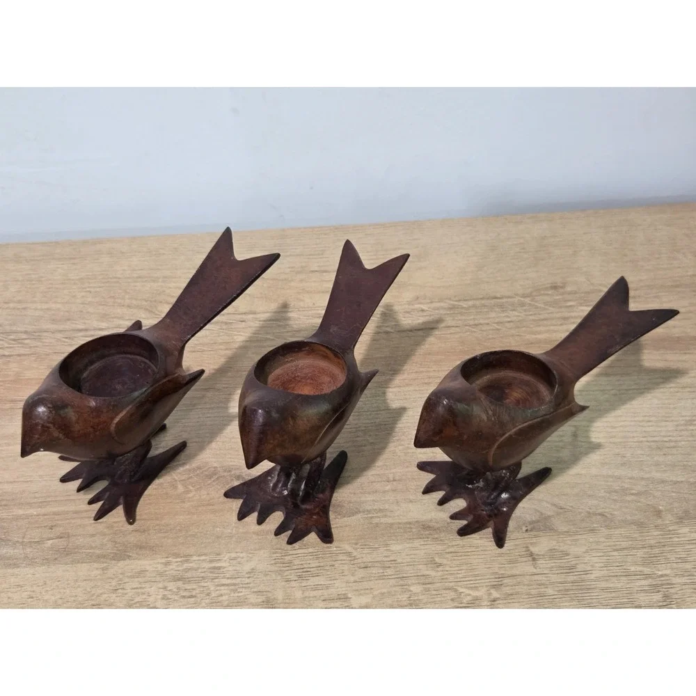 Three Cast Brown Metal Tea Light Bird Figures Votive Candle Holder Made In India